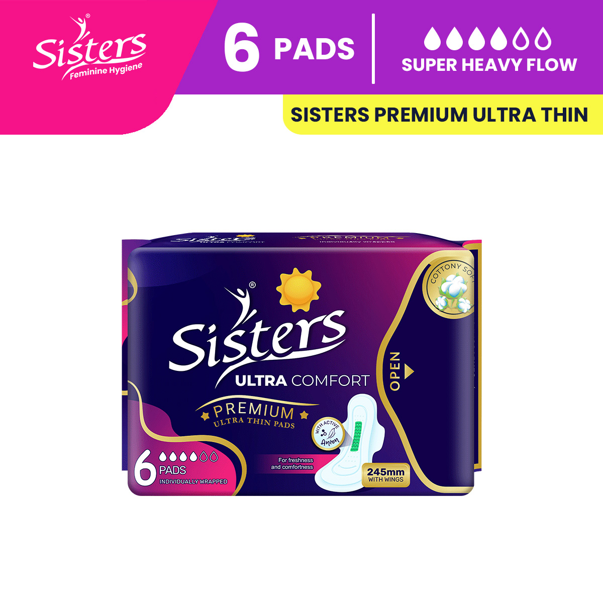 Sisters Ultra Comfort Premium Ultra Thin Pads with Wings - 6's