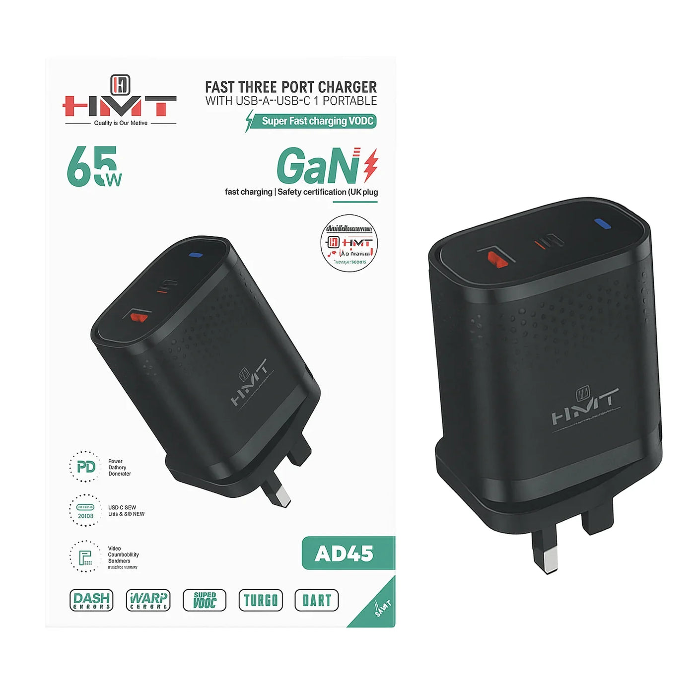 شاحن HMT 65W سريع بثلاثة منافذ - AD45
