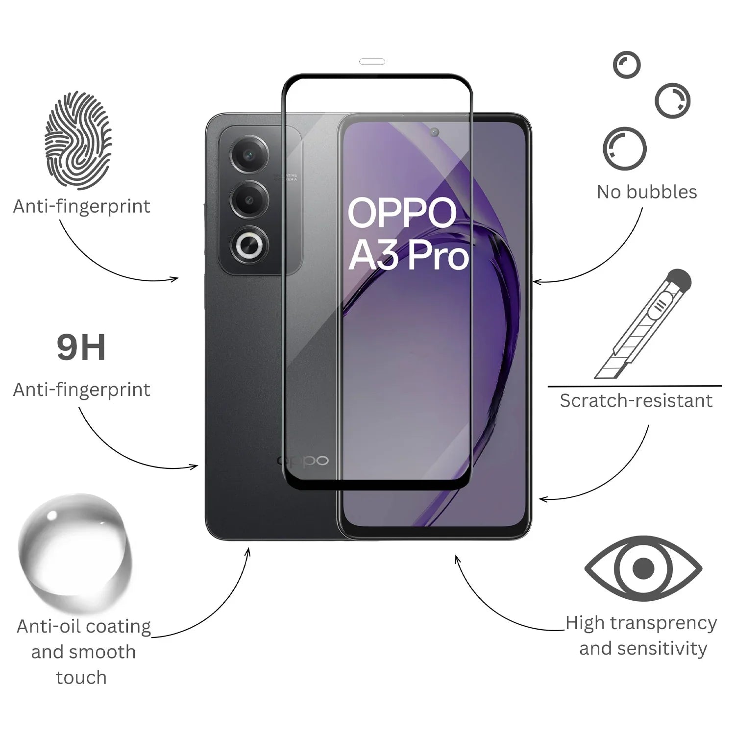 زجاج حماية عالي الدقة لهاتف Oppo A3 Pro