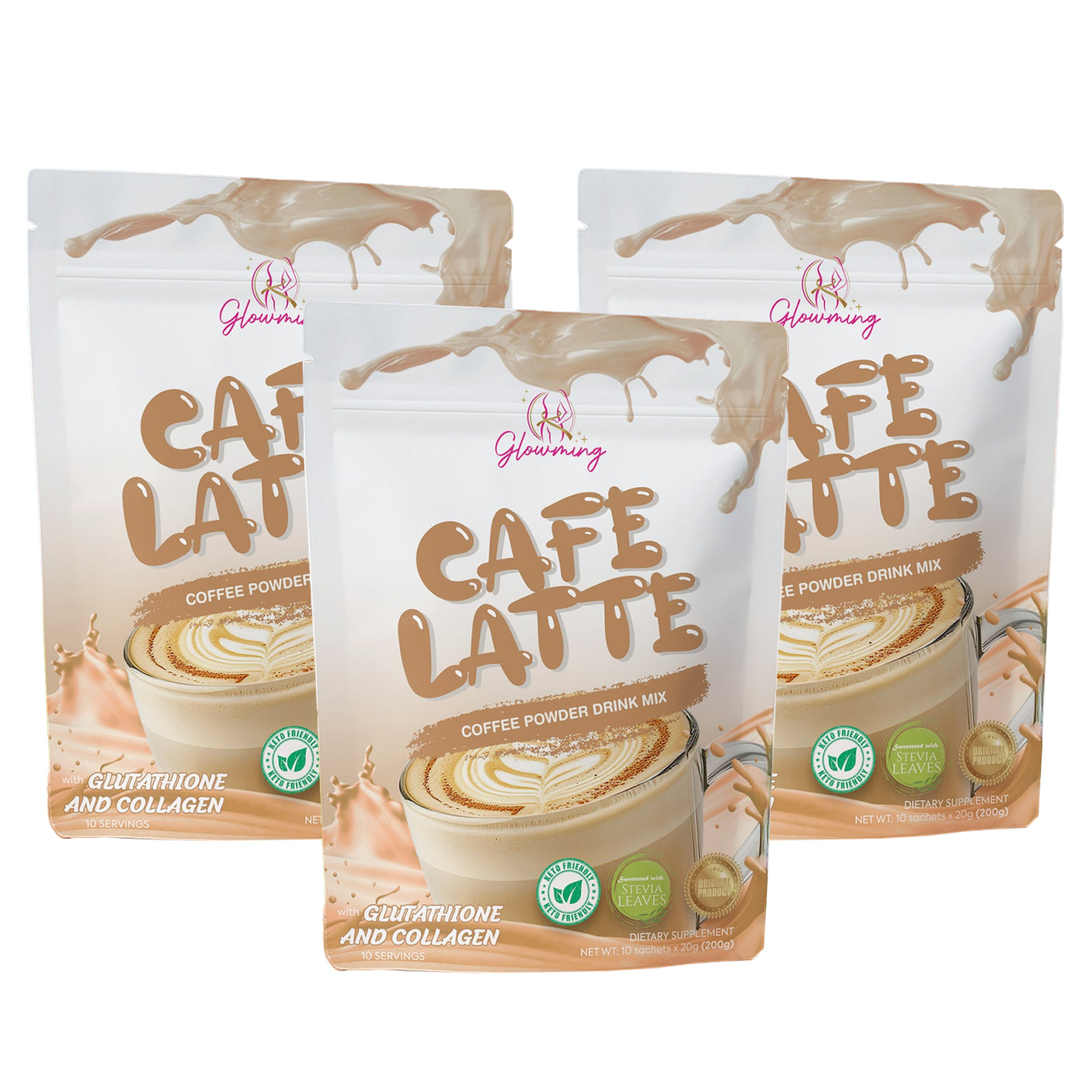 Glowming Cafe Latte Coffee Powder Drink Mix - 10 Sachets x 20g (2+1) Offer
