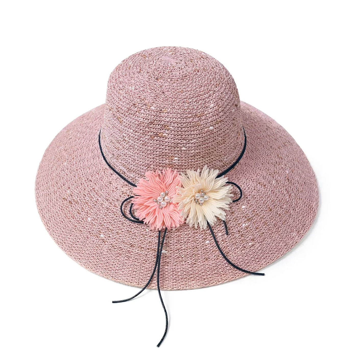 Women's Wide Brim Straw Sun Hat with Flower & Pearl Trim