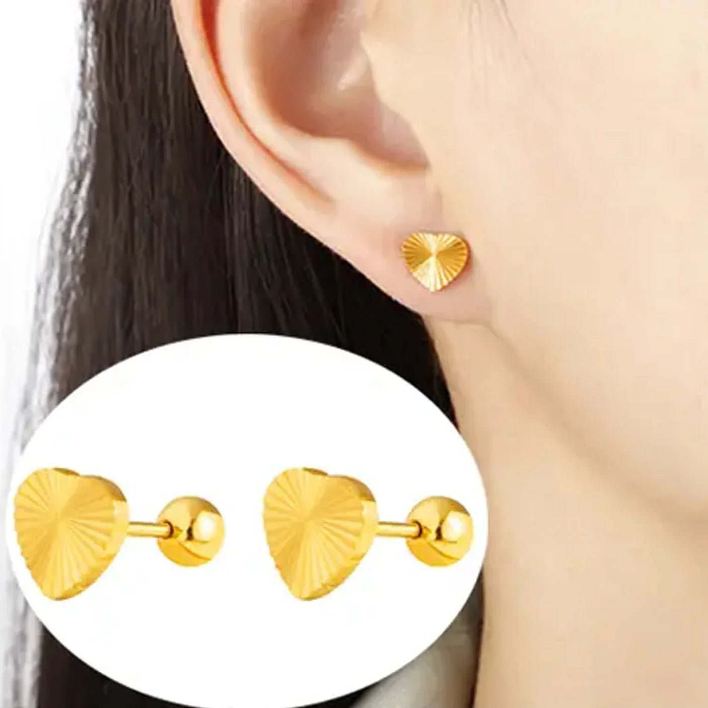 Golden Stainless Steel Heart Design Stud Earrings - 119