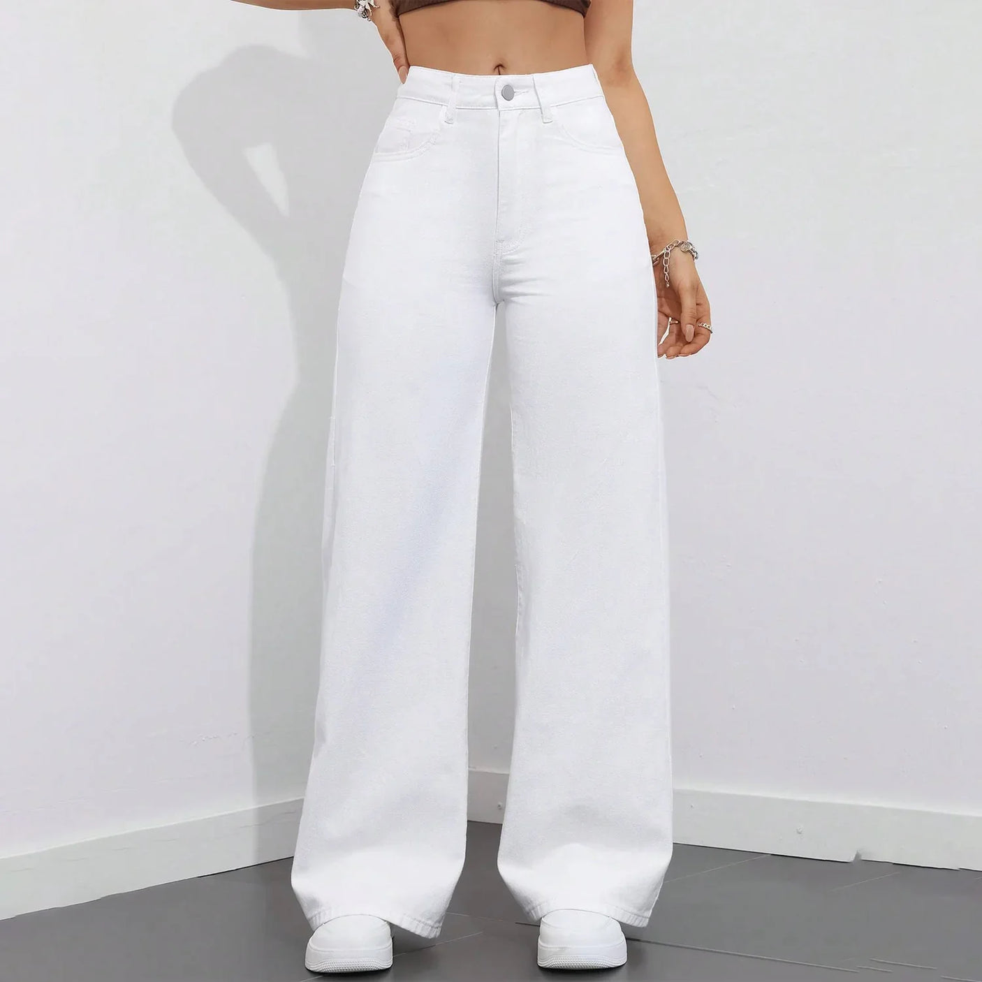 Women's Stylish Casual Wide Leg White Denim Pants - 8811#