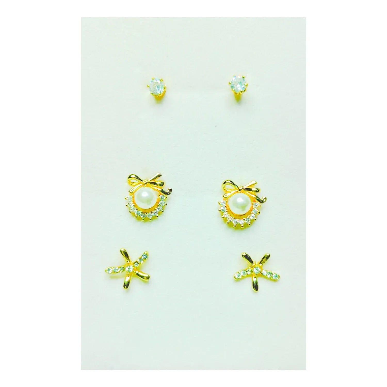 Golden Stainless Steel Korean Style Stud Earrings 3 Pairs - 118