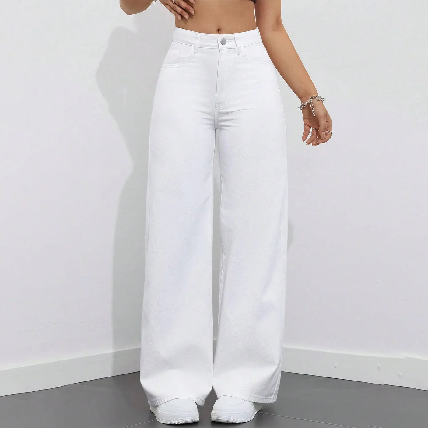 Women's Stylish Casual Wide Leg White Denim Pants - 8811#