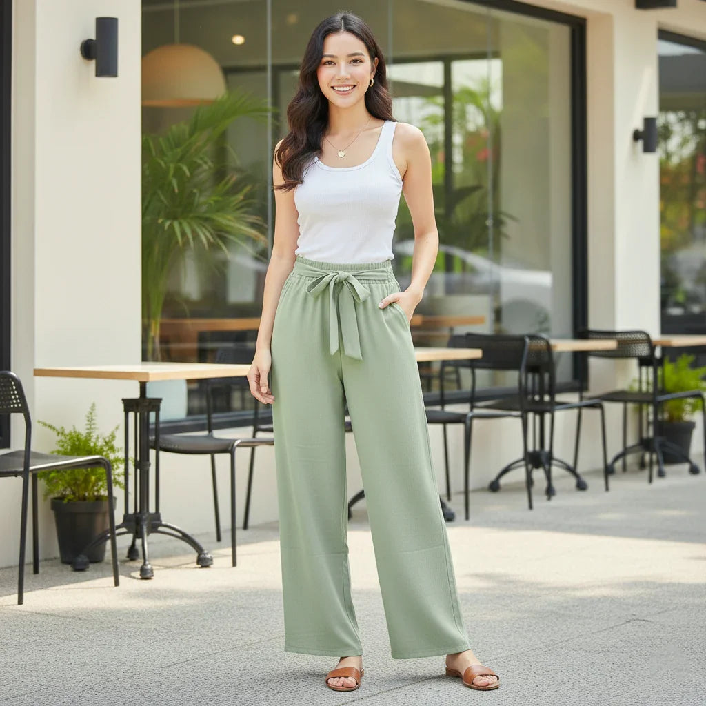 Women's High Waisted Paperbag Wide Leg Pants AL-2