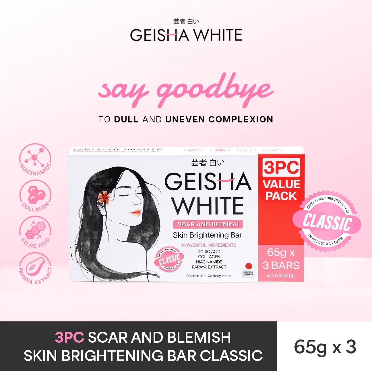 Geisha Soap White Classic Skin Brightening Bar - 65g x 3Pcs