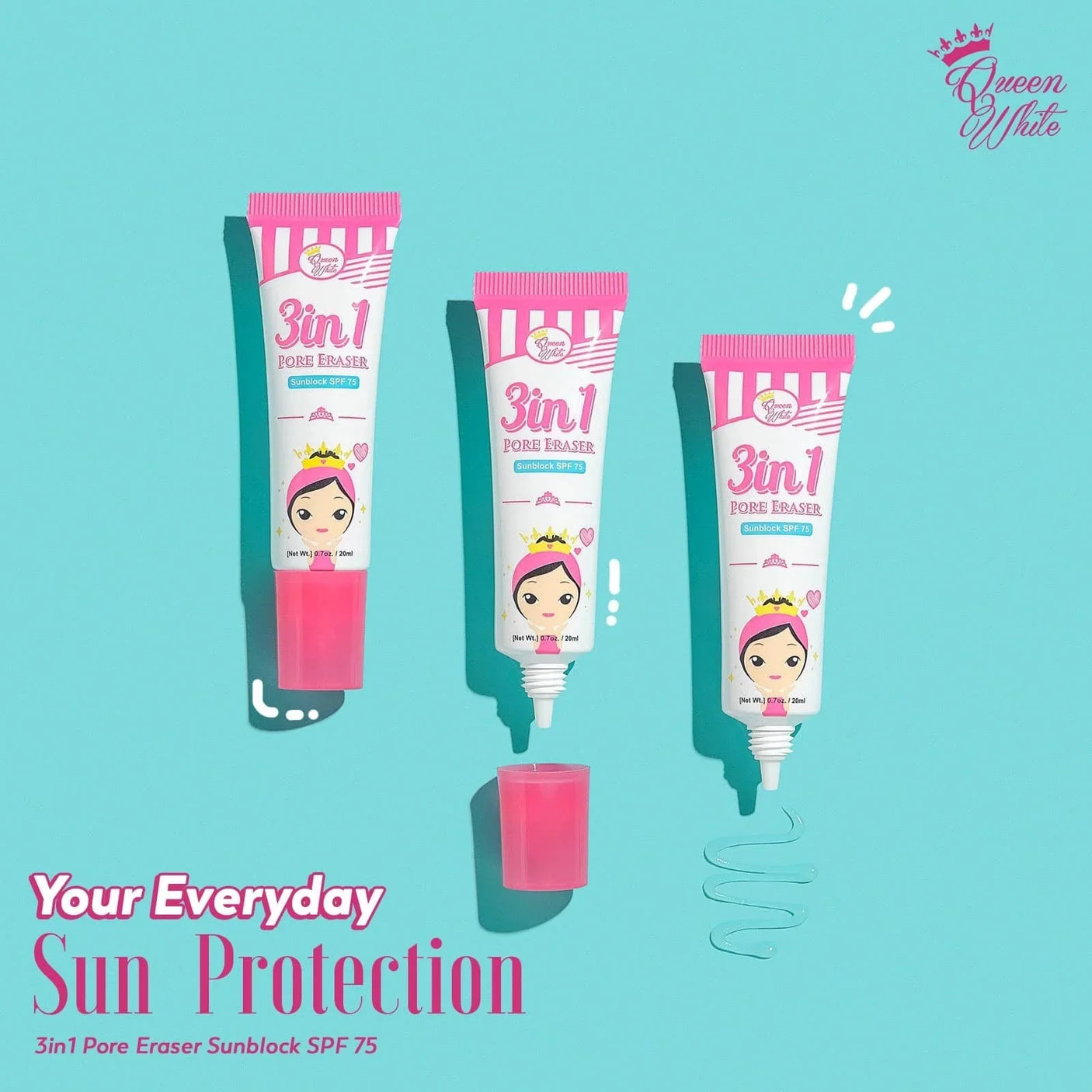 Queen White 3 in 1 Pore Eraser Sunblock Gel SPF75 - 20ml