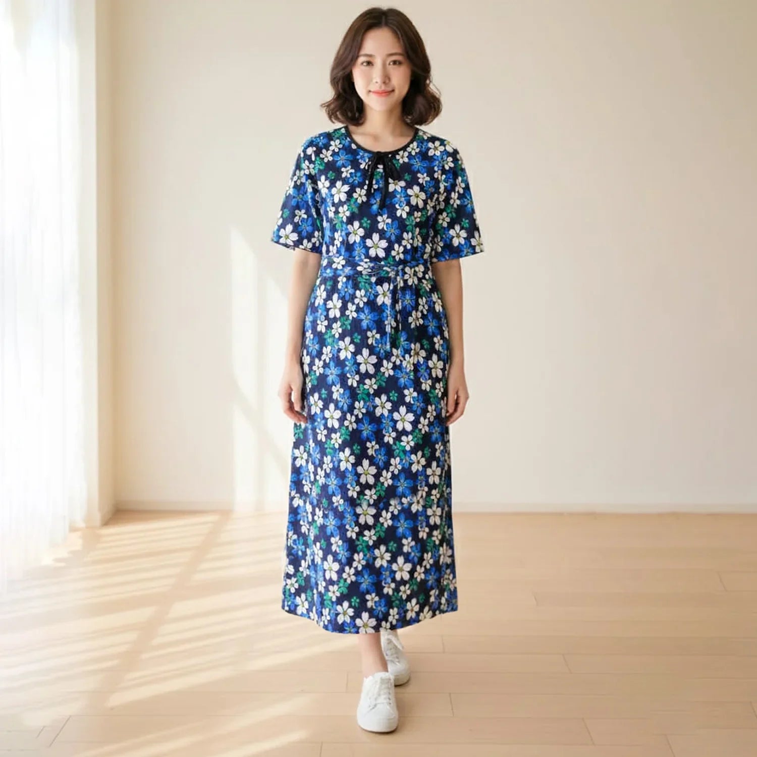 Women's Short Sleeve Floral Midi Dress with Waist Tie - 0000805