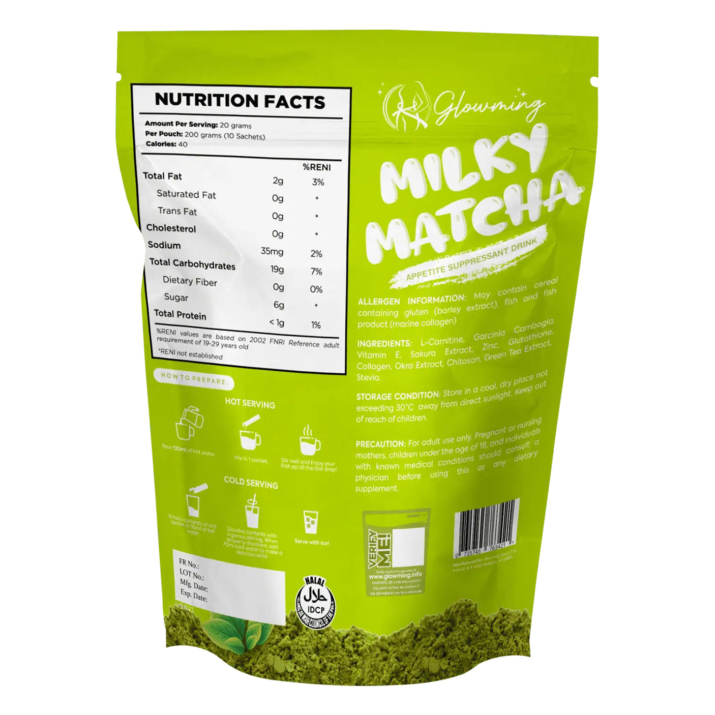 Glowming Milky Matcha Appetite Suppressant Drink - 10 Sachets × 20g