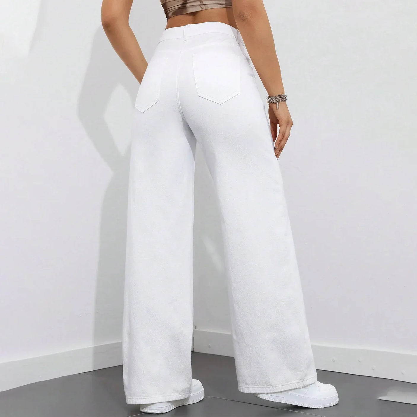 Women's Stylish Casual Wide Leg White Denim Pants - 8811#