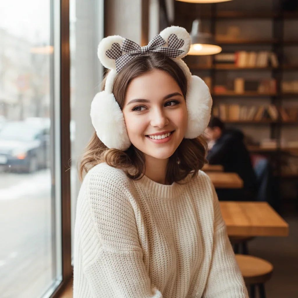 Plaid Teddy Bear Cozy Faux Fur Winter Ear Muffs