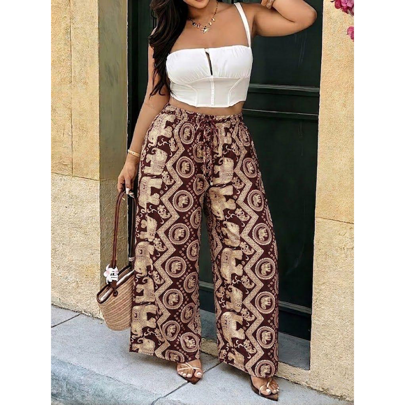 Women's Elephant Print Wide Leg Palazzo Pants - YH815#