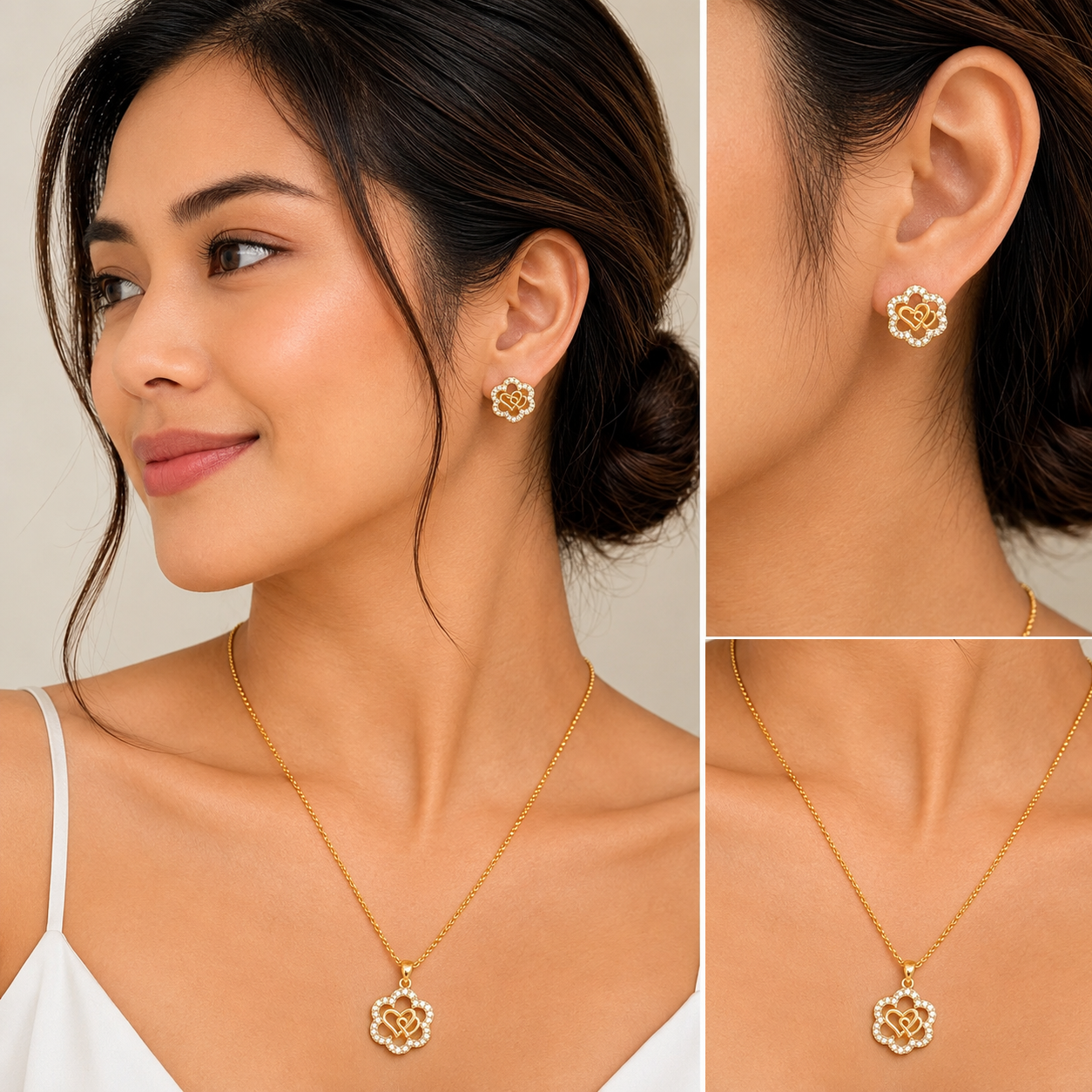 Crystal Flower Interlocking Hearts Necklace & Earrings Jewelry Set - FJ256