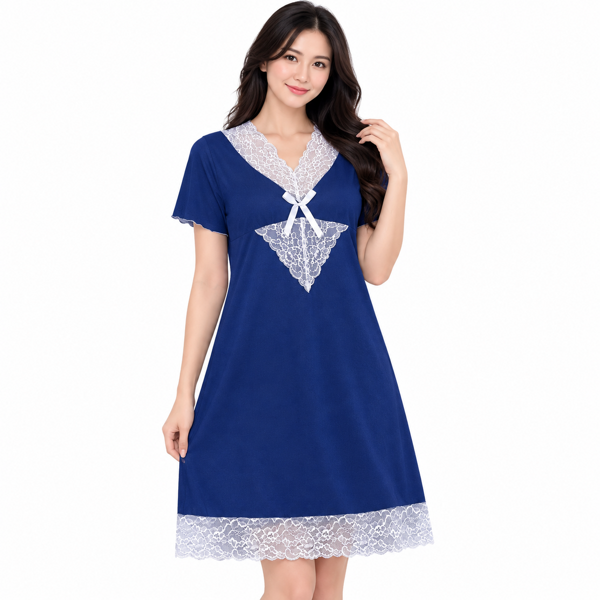 Women’s Lace Trim Short Sleeve Nightdress - 6135