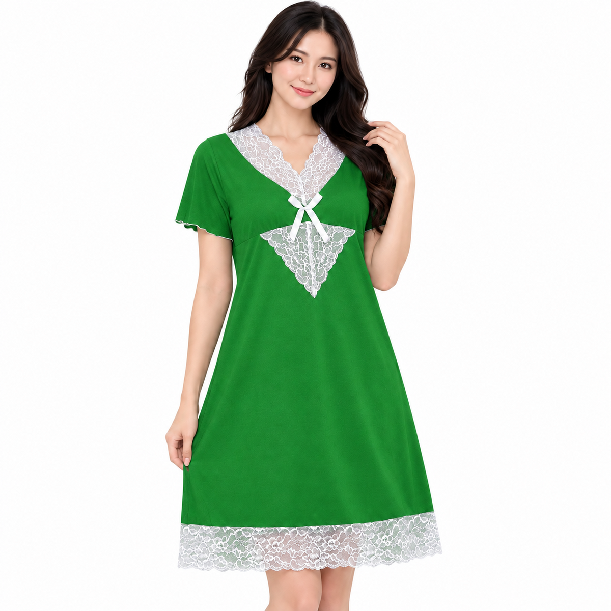 Women’s Lace Trim Short Sleeve Nightdress - 6135