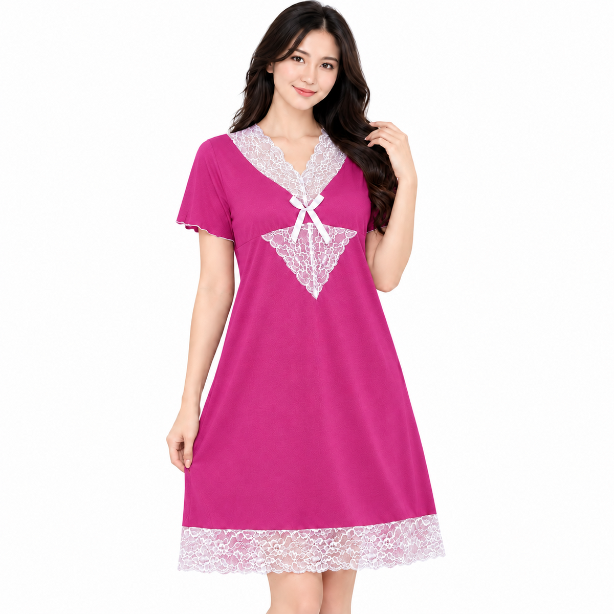 Women’s Lace Trim Short Sleeve Nightdress - 6135