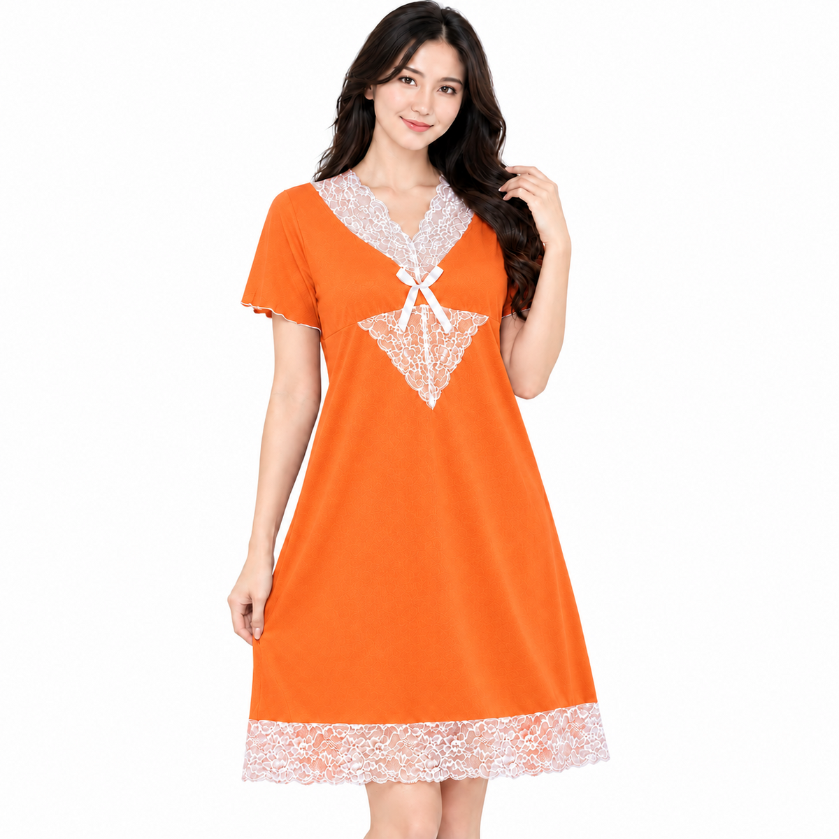 Women’s Lace Trim Short Sleeve Nightdress - 6135
