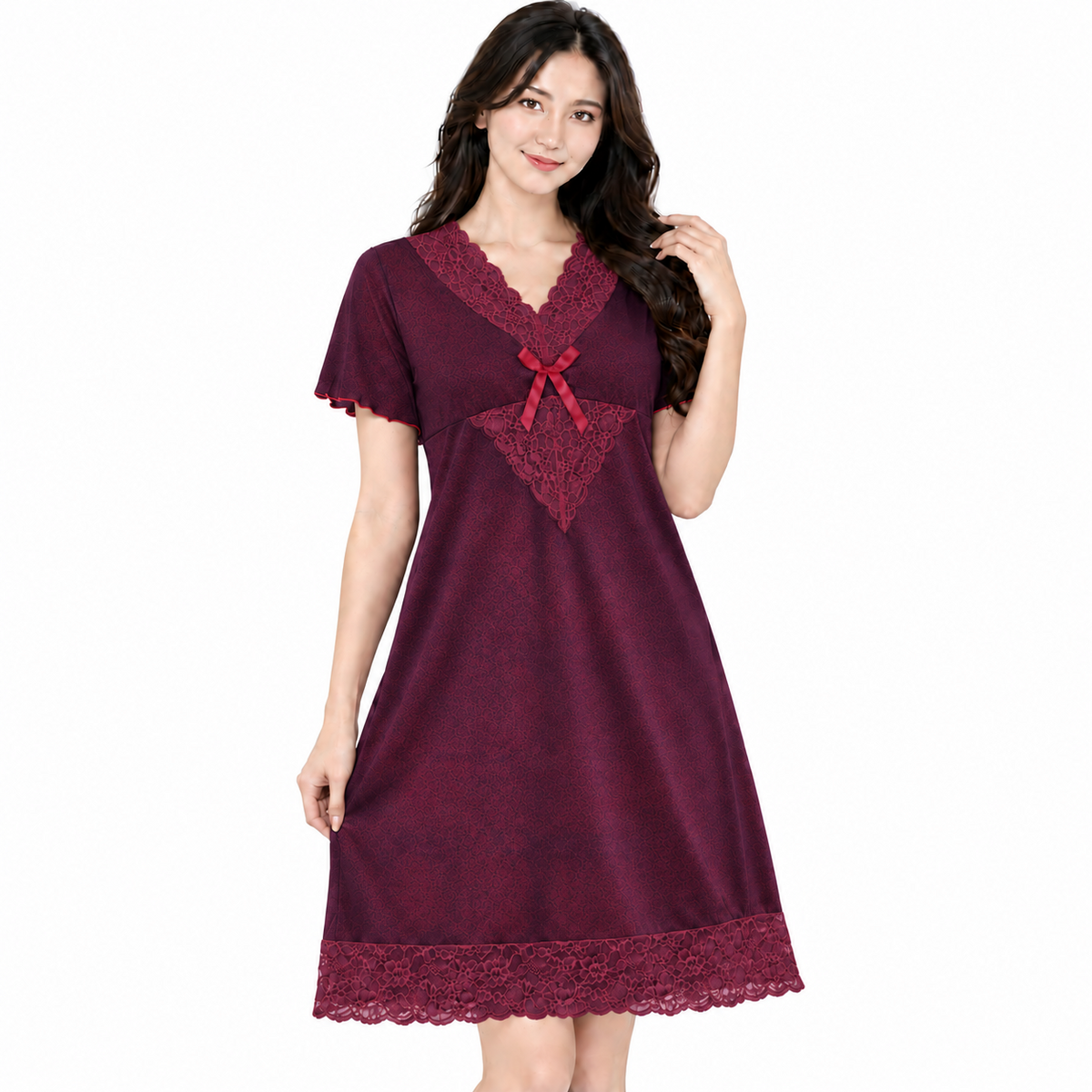 Women’s Lace Trim Short Sleeve Nightdress - 6135