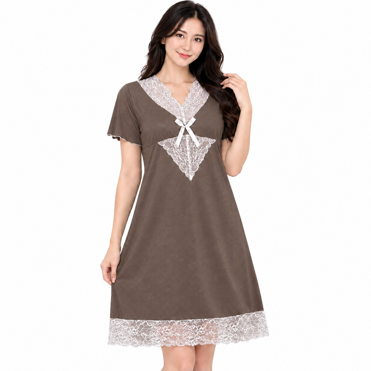 Women’s Lace Trim Short Sleeve Nightdress - 6135