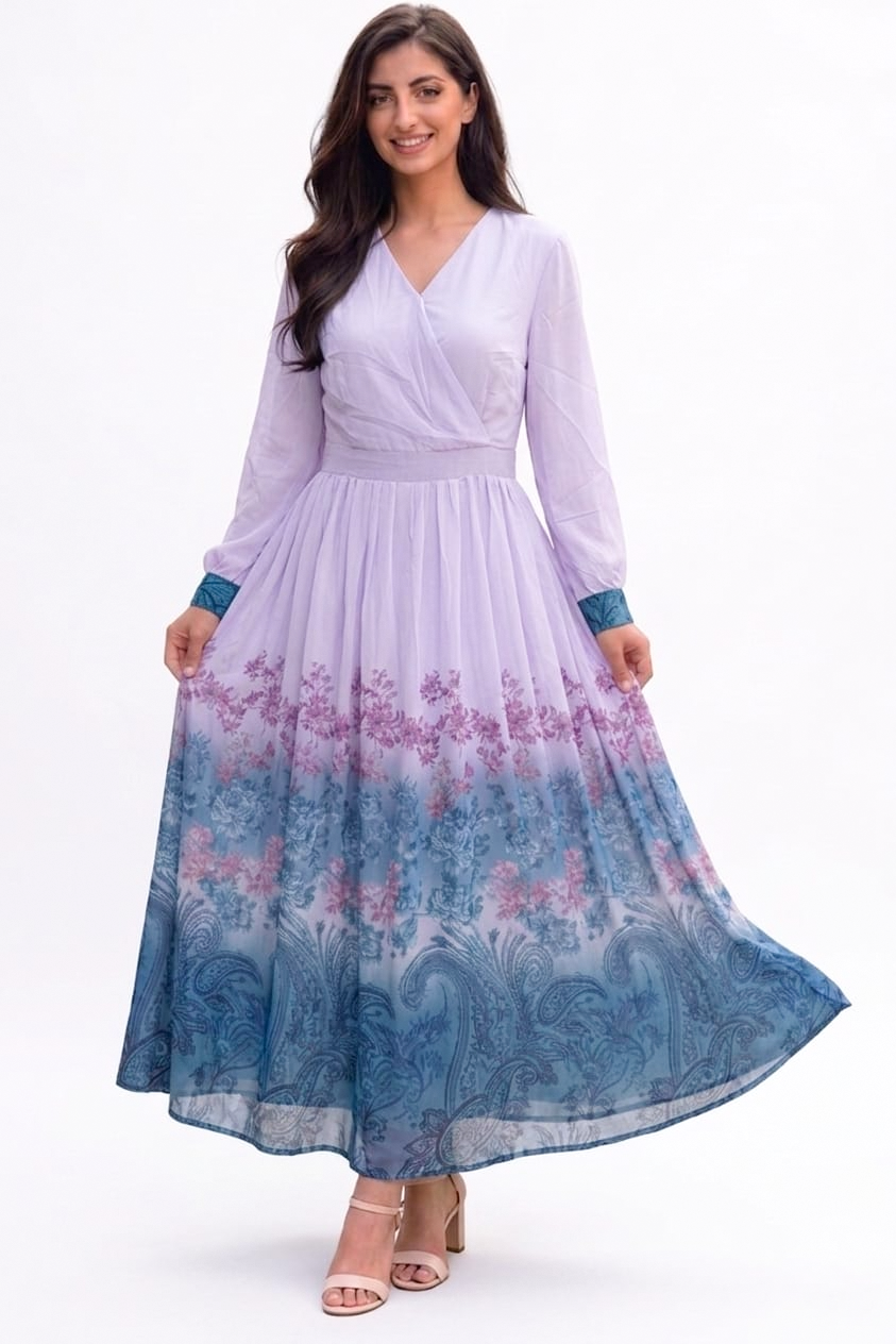 Women's Floral Design Lantern Long Sleeve Dress - XF1537#