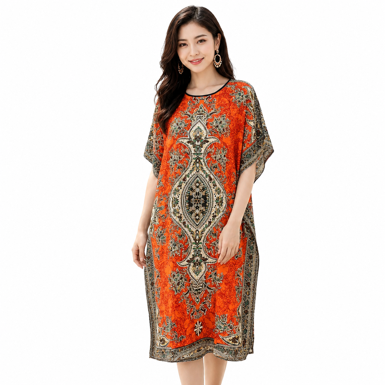 Women Printed Round-Neck Maxi kaftan -10A#