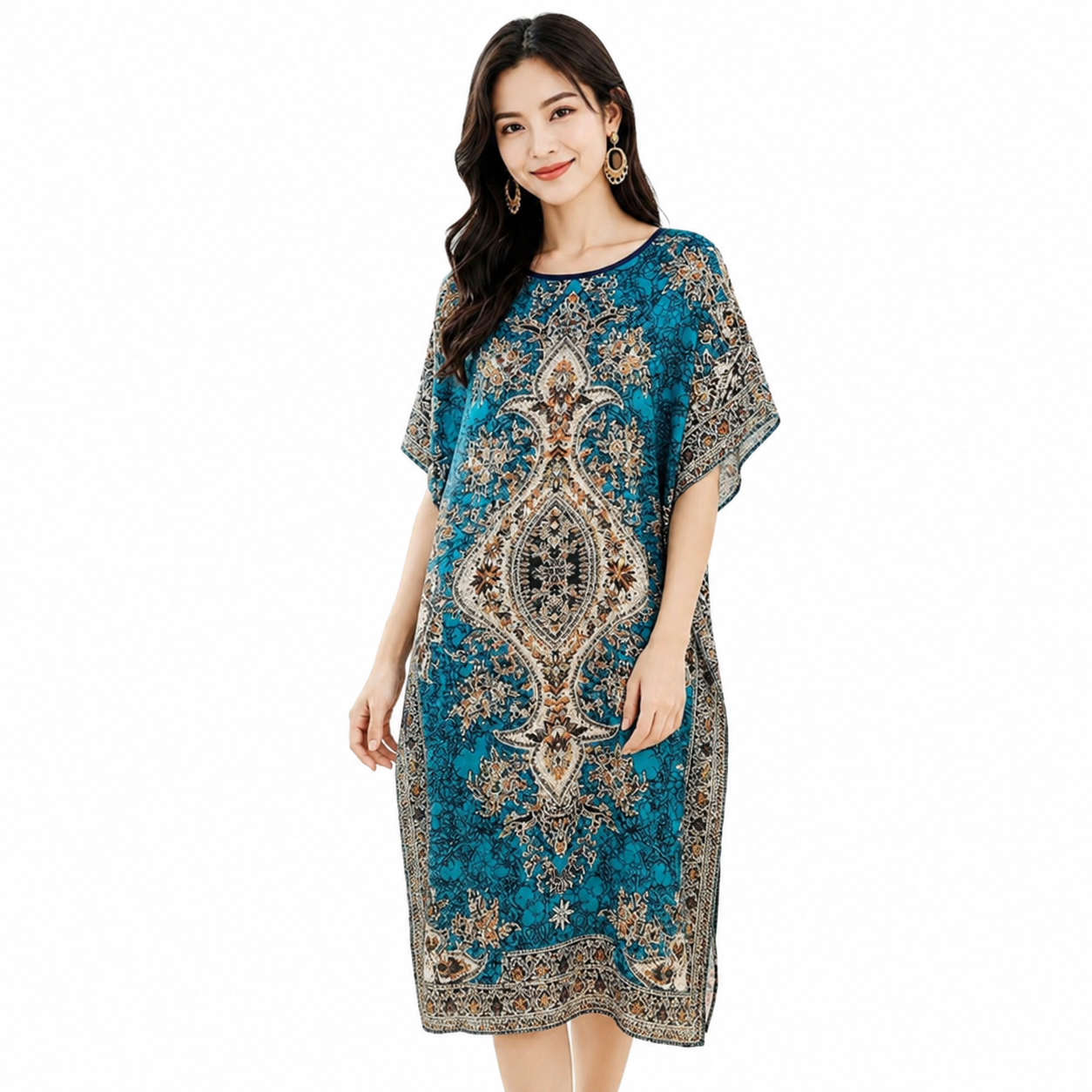Women Printed Round-Neck Maxi kaftan -10A#