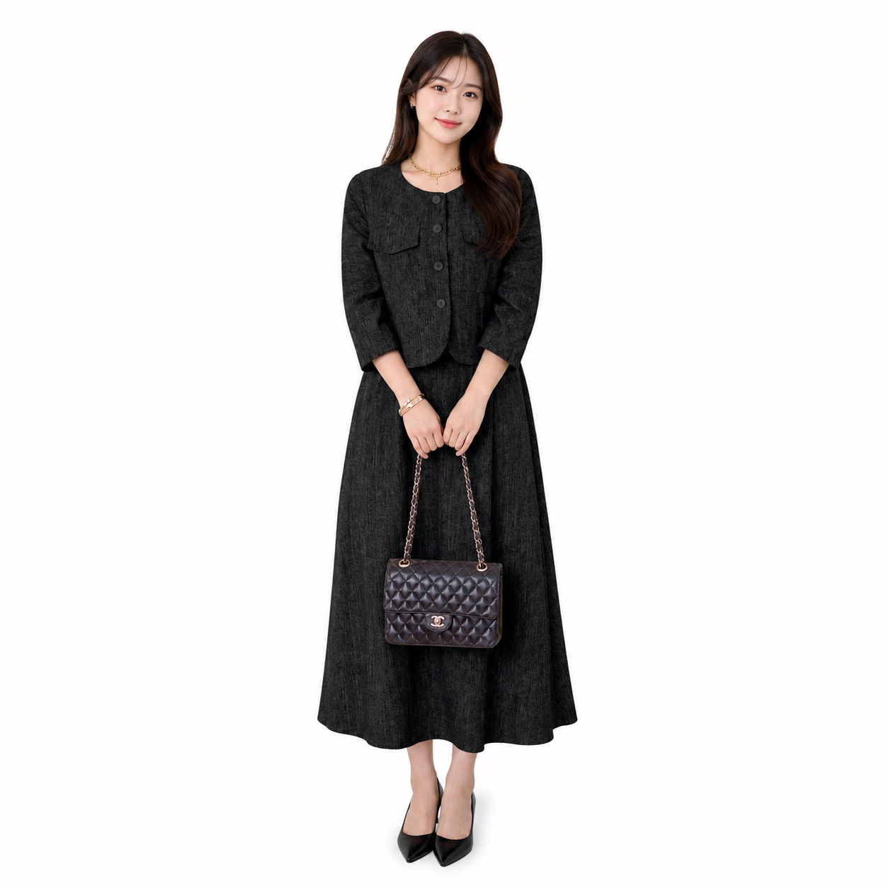Korean-Style Tweed Two-Piece Skirt Set - HY001#