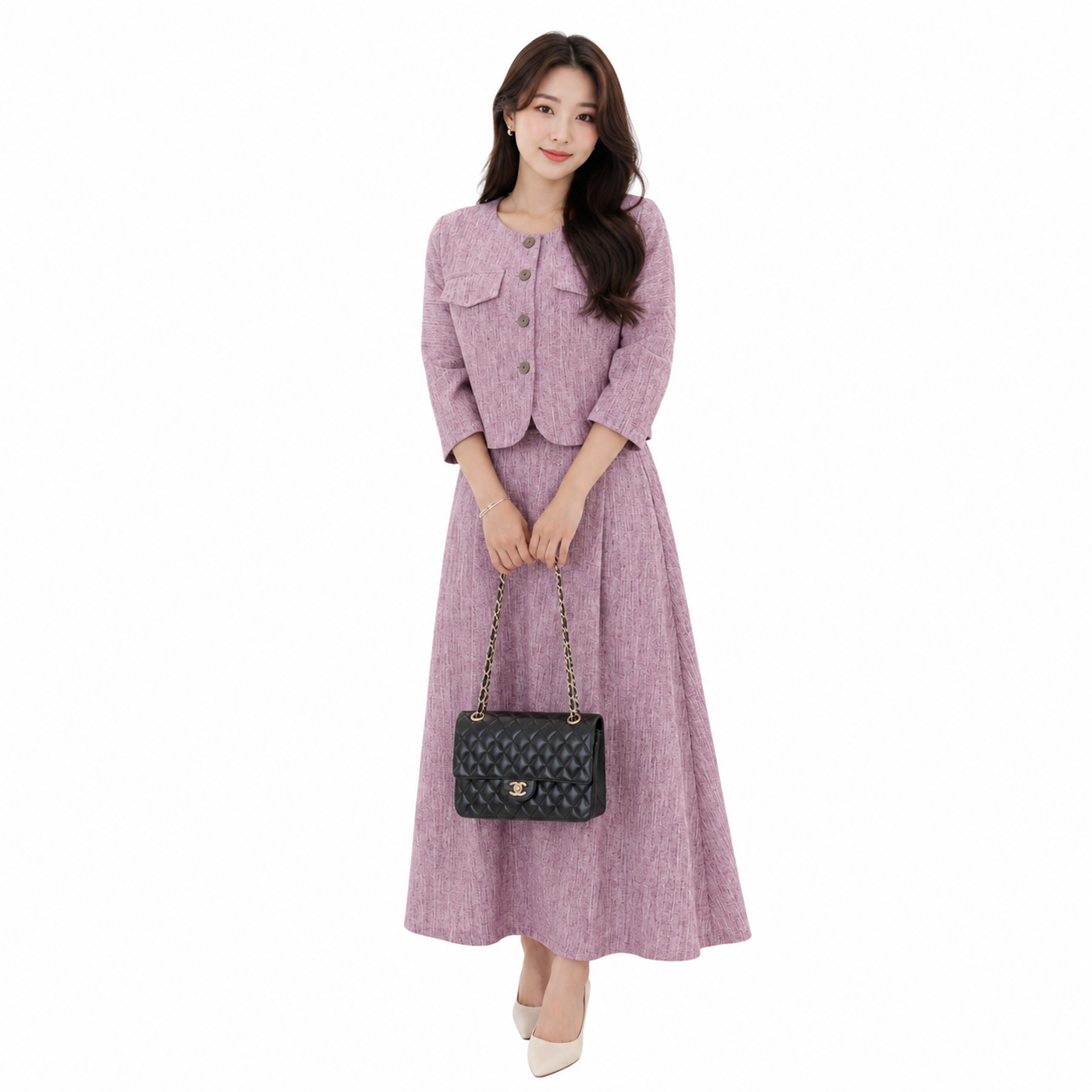 Korean-Style Tweed Two-Piece Skirt Set - HY001#