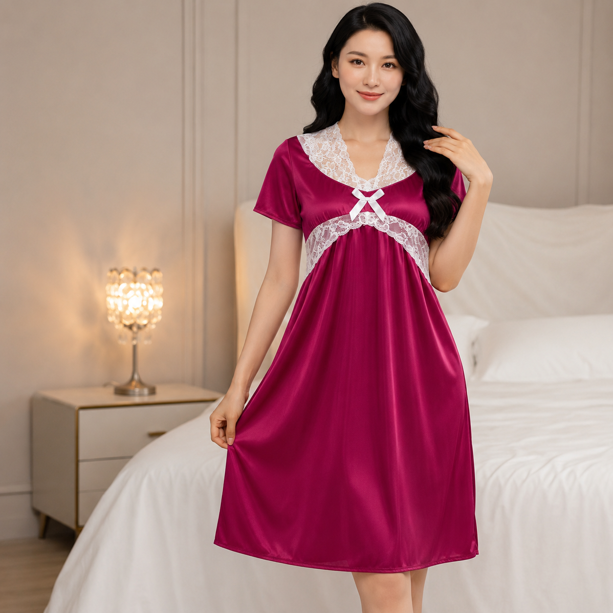 Short Sleeve V-Neck Silk-Feel Nights - 6138