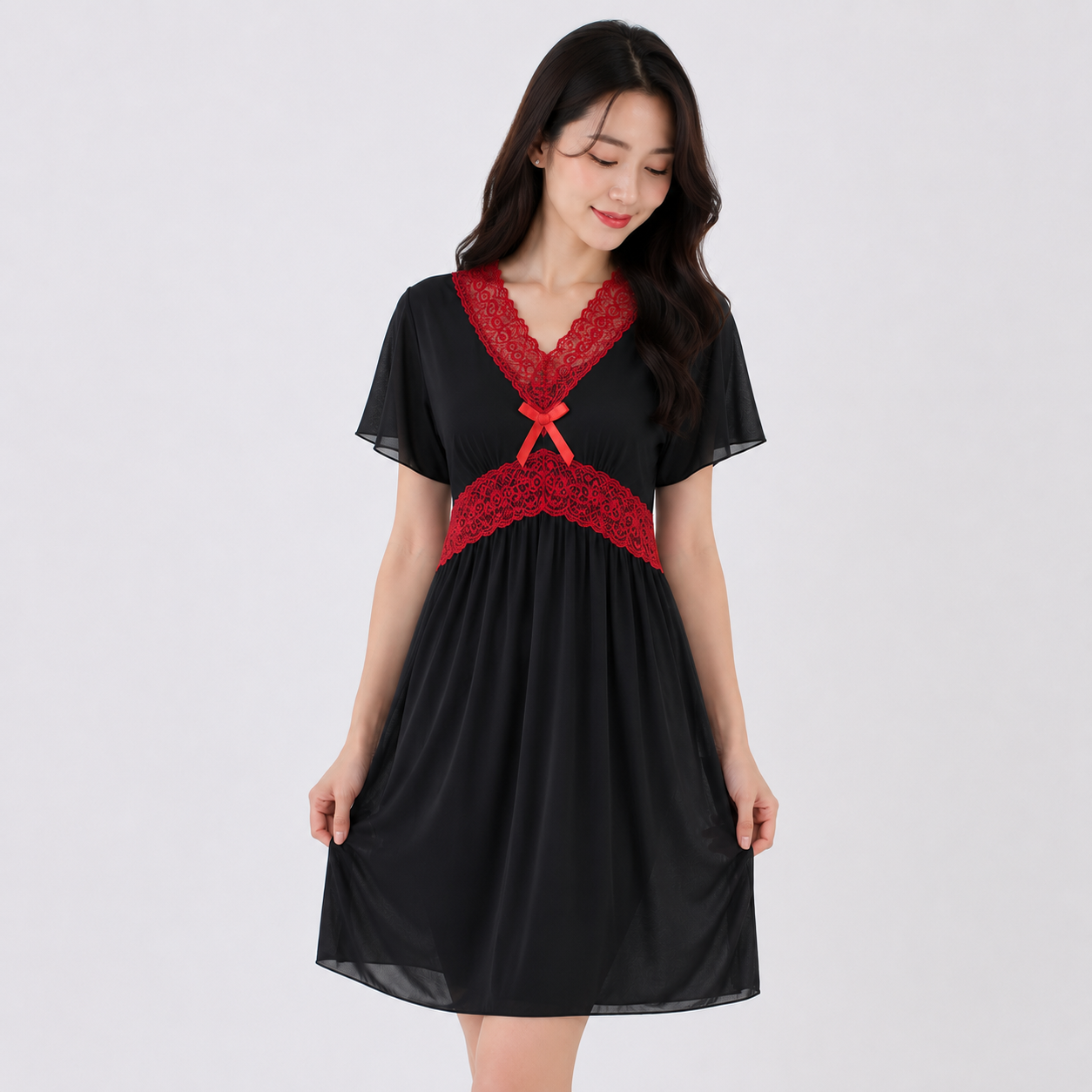 Women's V-Neck Lace Trim Chiffon Nightgown - 6136