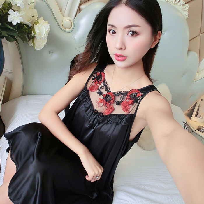 Ice Silk Satin Lace Camisole Nightgown - 002