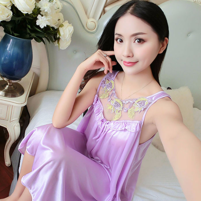 Ice Silk Satin Lace Camisole Nightgown - 002