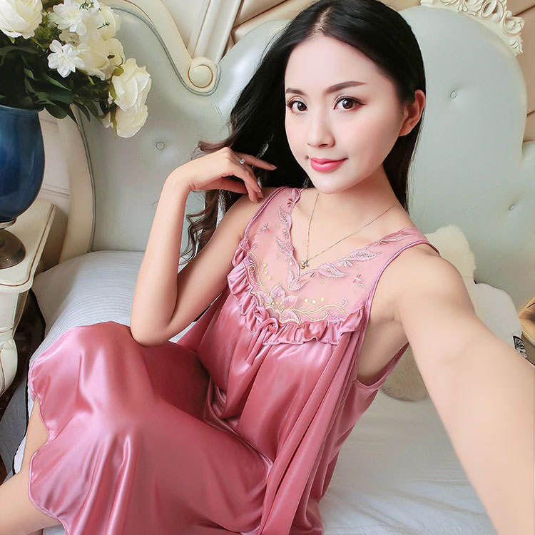 Women's Satin Ice Silk Sleeveless Nightdress with Lace Embroidery - 003