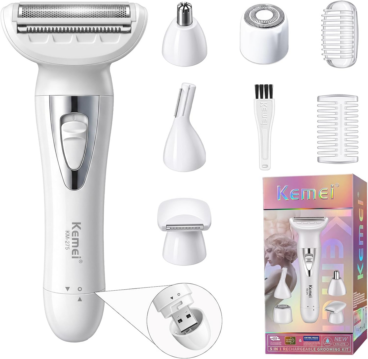 Kemei 5-in-1 Rechargeable Women's Electric Shaver - KM275