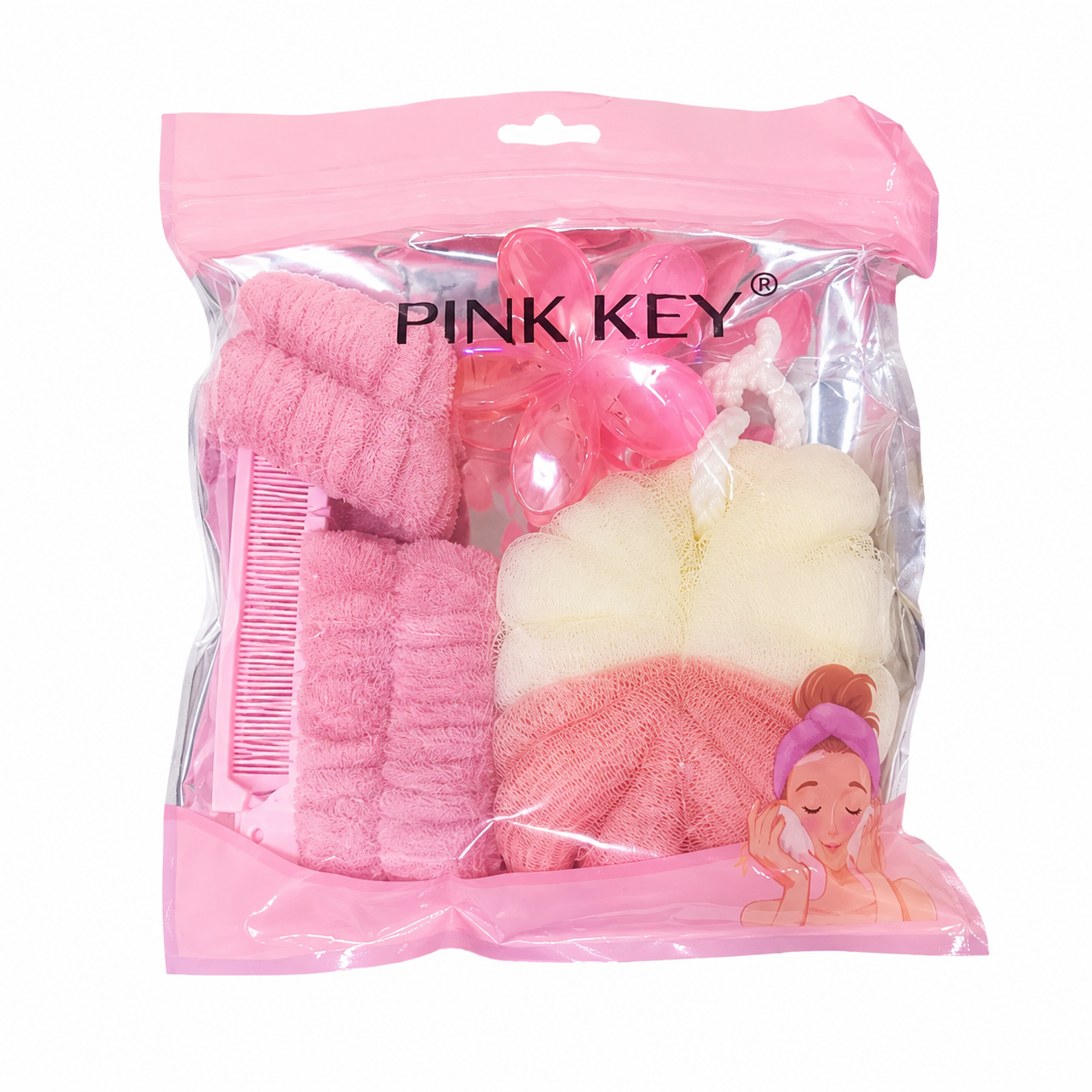 PINK KEY Spa Headband Wristbands & Claw Clip Kit - PC9485