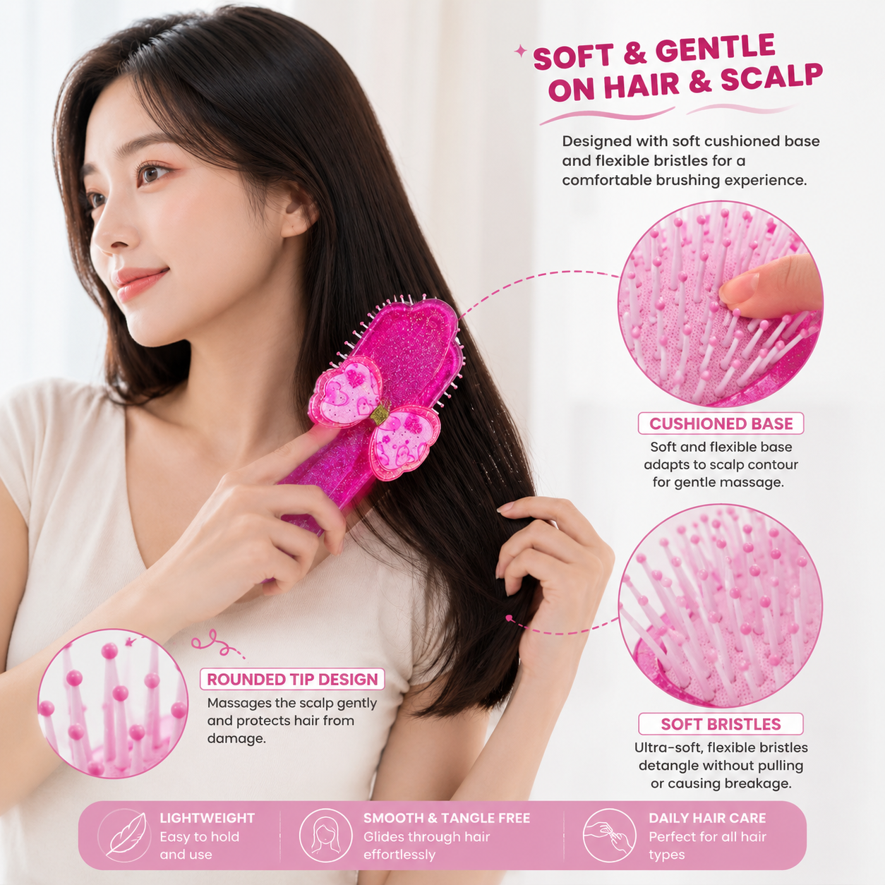 Pink Glitter Detangling Bow Hair Brush - S-050