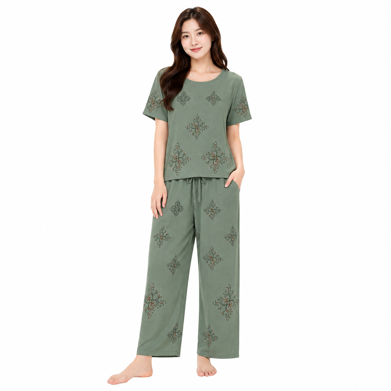 women's printed cotton/rayon lounge co-ord set - T-0615