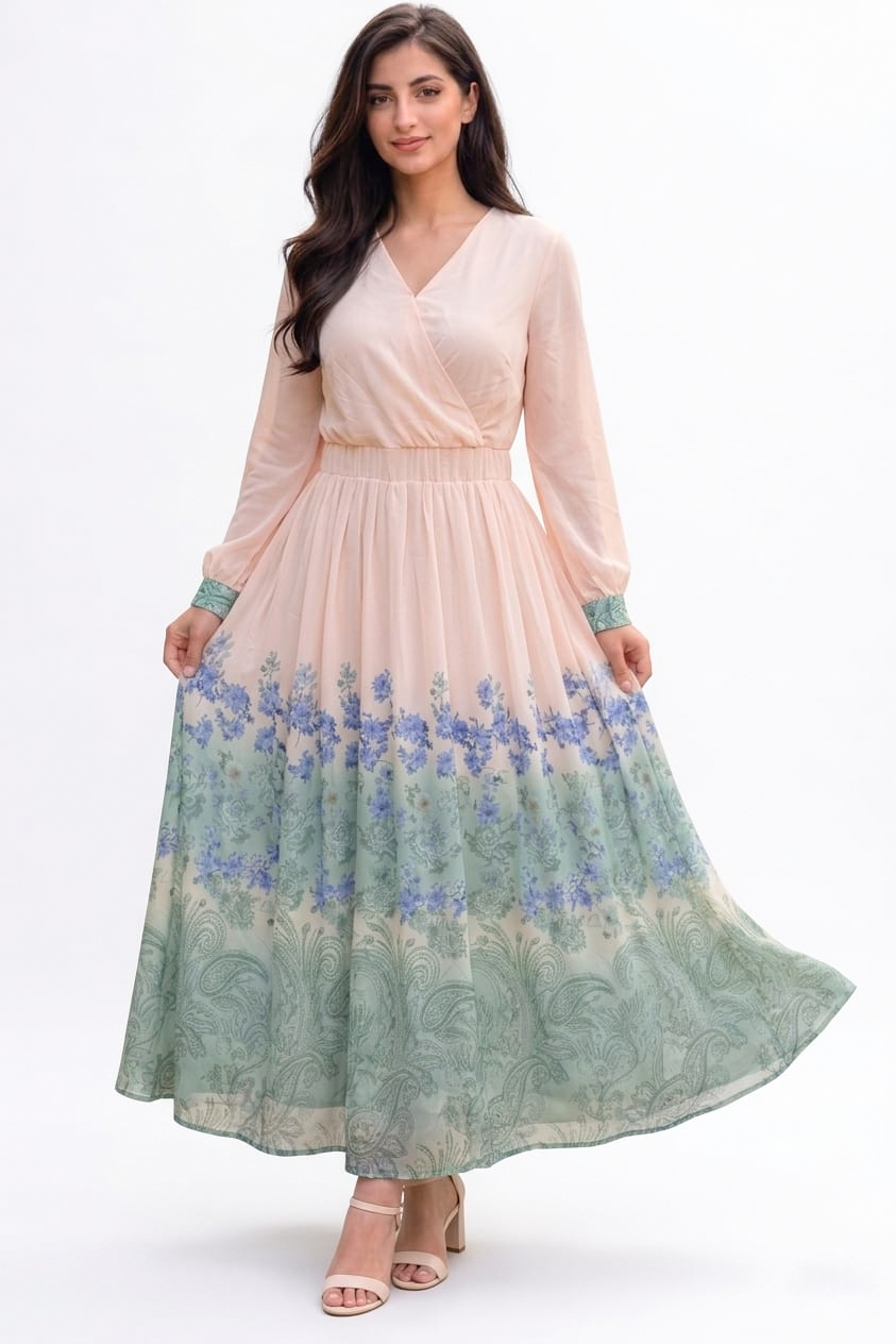 Women's Floral Design Lantern Long Sleeve Dress - XF1537#