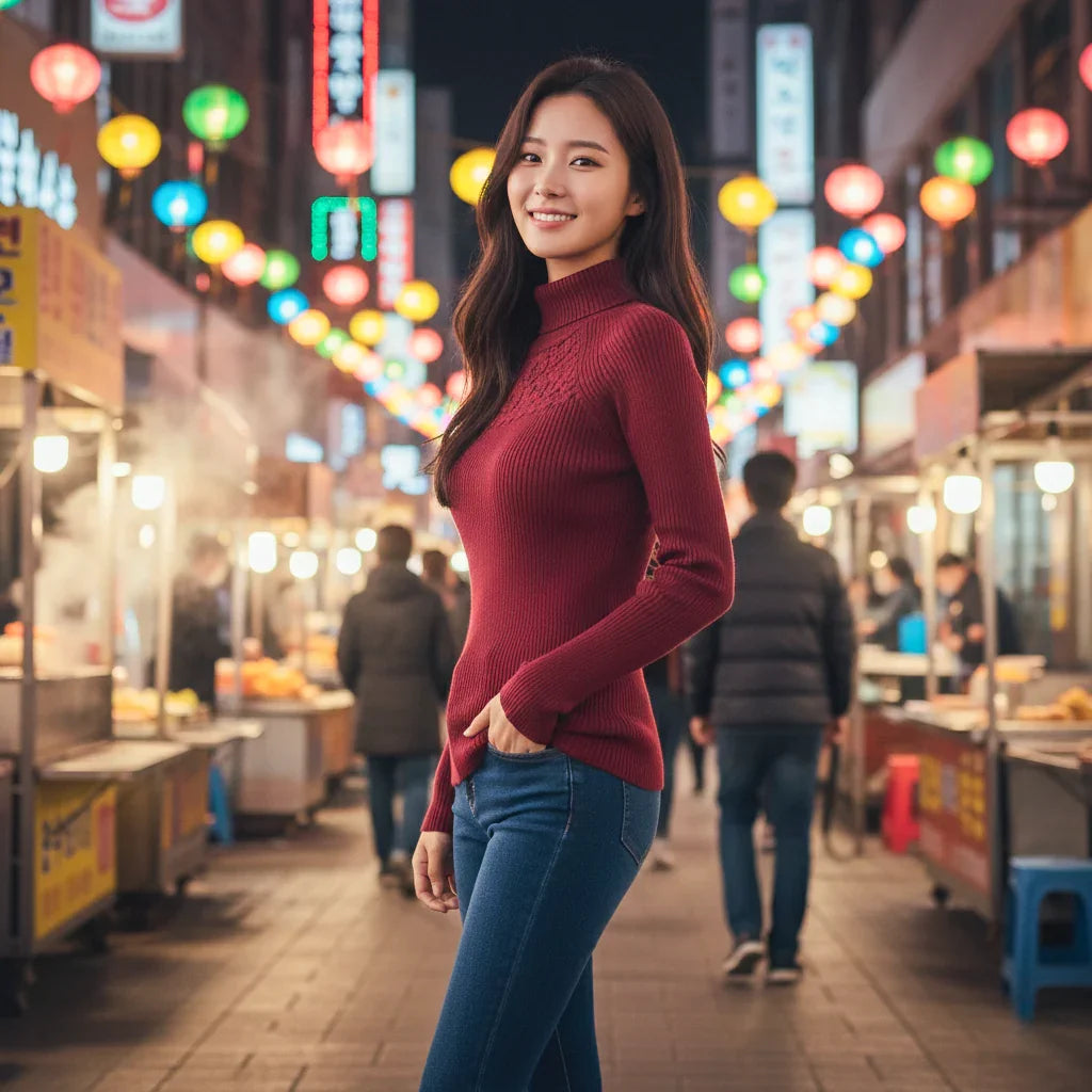 Women's Ribbed Knit Turtleneck Top with Sheer Lace Yoke
