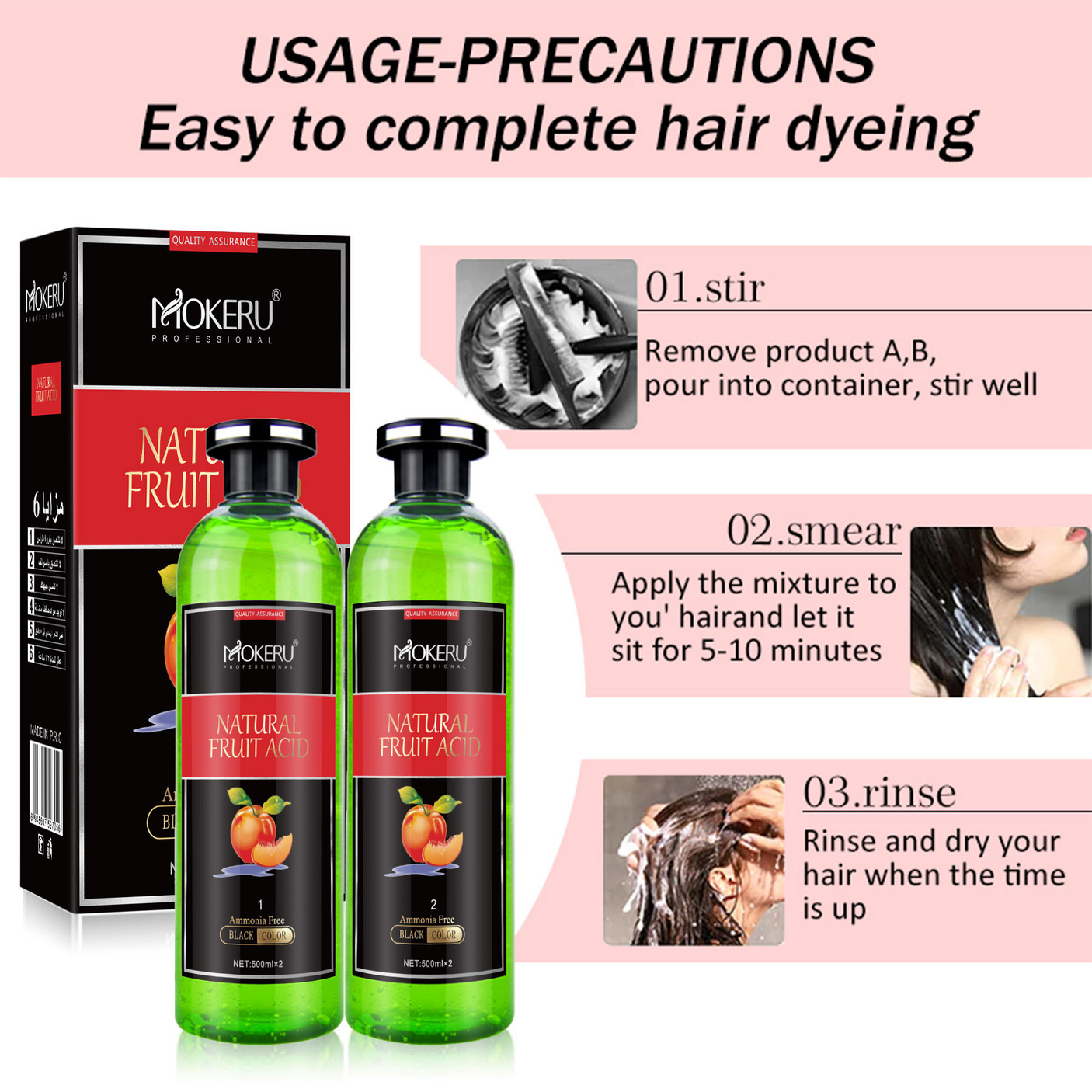 Mokeru Professional Natural Fruit Acid Hair Dye - 500ml × 2 Pcs (Black)