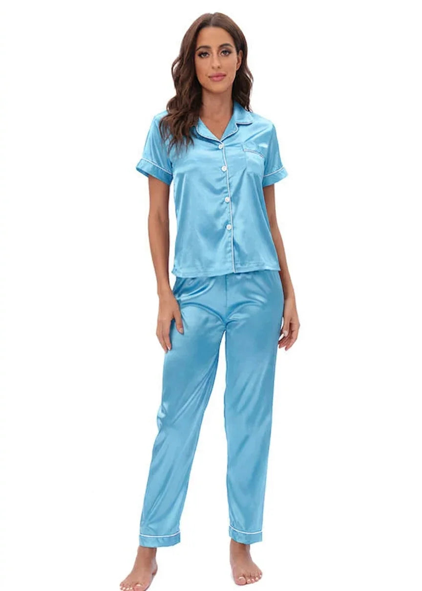 Women's Korean Fashion Silk Pajamas 2 Pcs Set - E8089