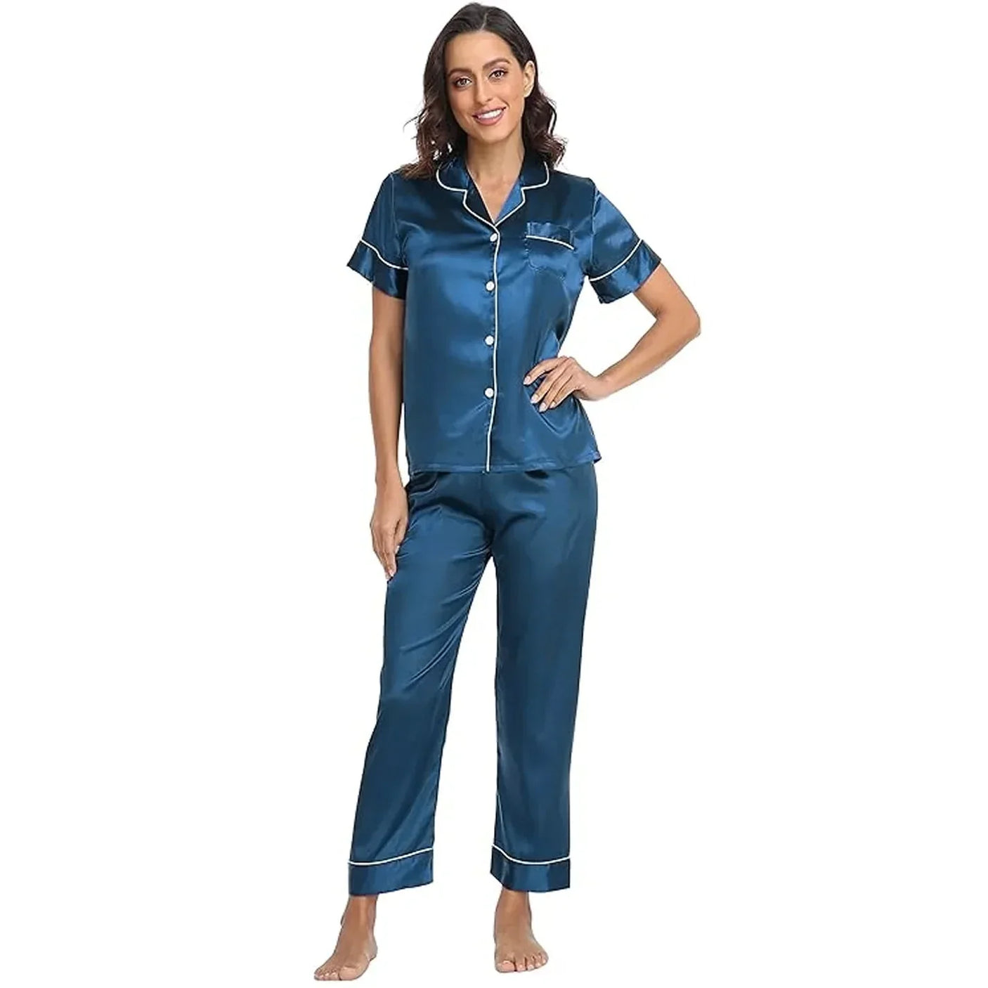 Women's Korean Fashion Silk Pajamas 2 Pcs Set - E8089