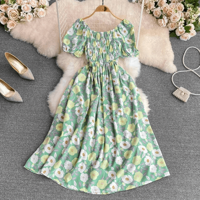 Romantic Floral Elegant Puff Sleeve Korean Dress - DOU13