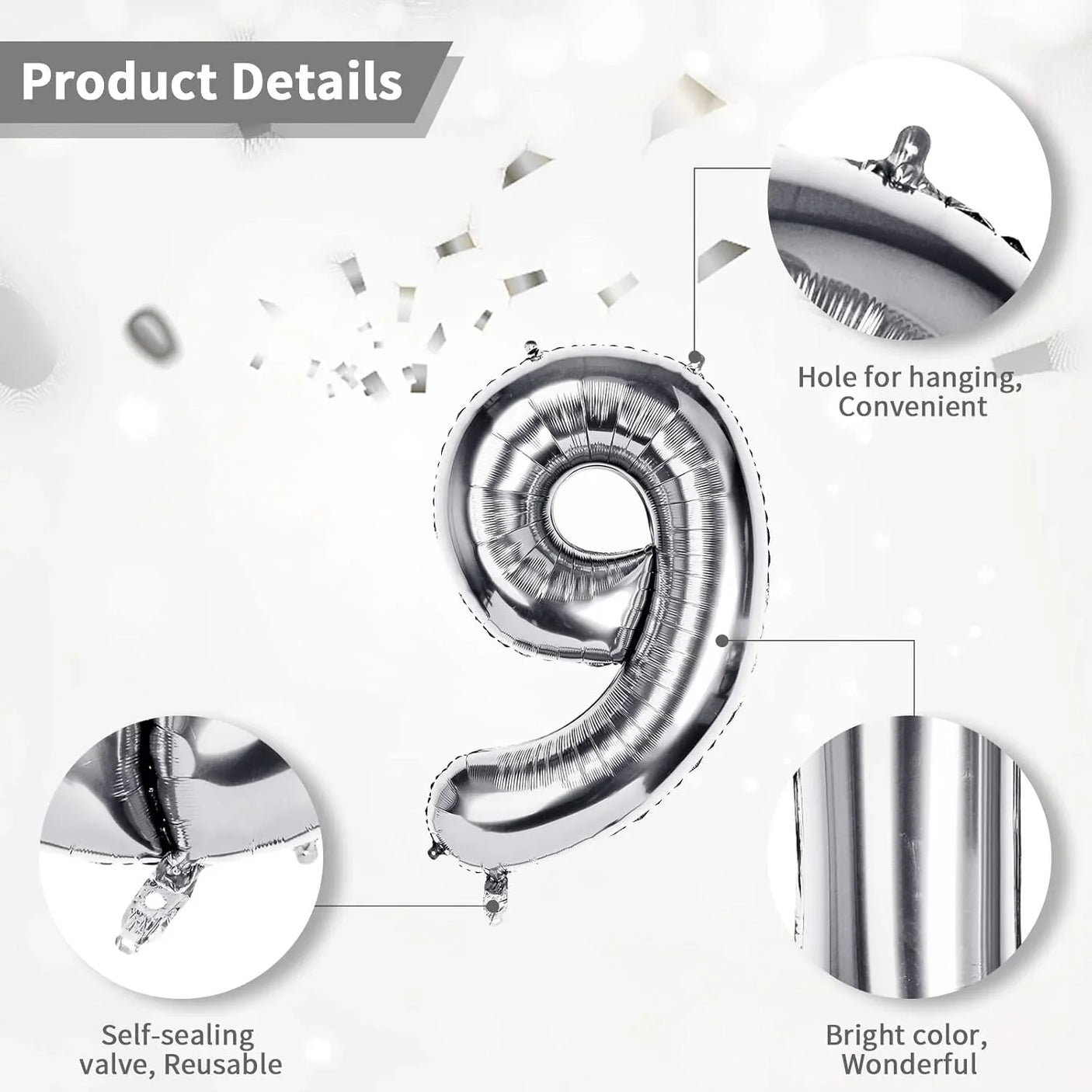 Birthday Decoration Silver Foil Balloon Number 9 - 40Cm