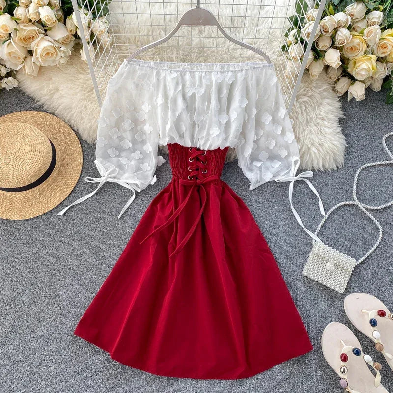 Slash Neck Solid Chiffon Puff Sleeve Flower Party Dress