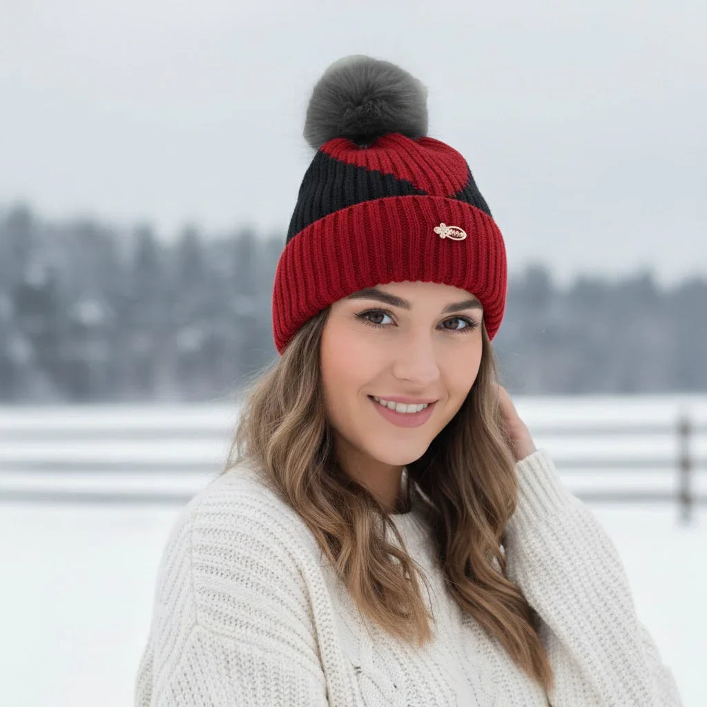 Luxury Fur Pom Beanie Striped Knit Winter Hat