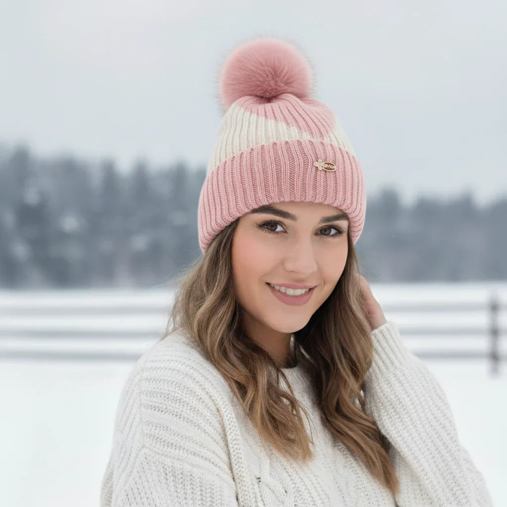 Luxury Fur Pom Beanie Striped Knit Winter Hat
