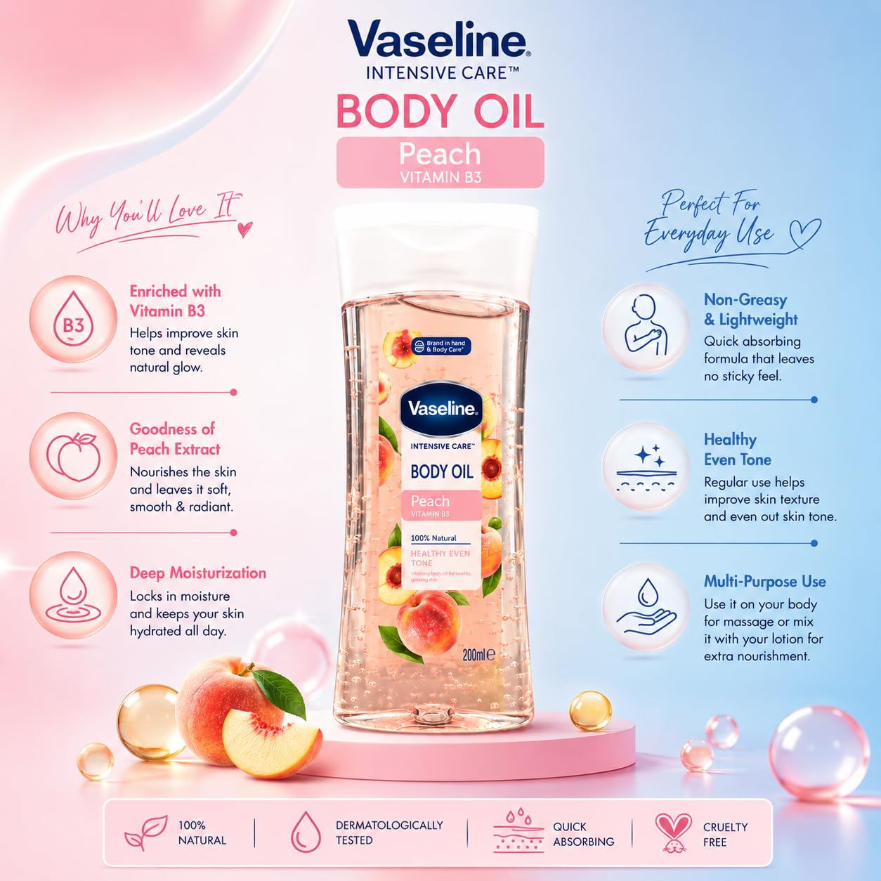 Vaseline Peach Vitamin B3 Body Oil - 200ml