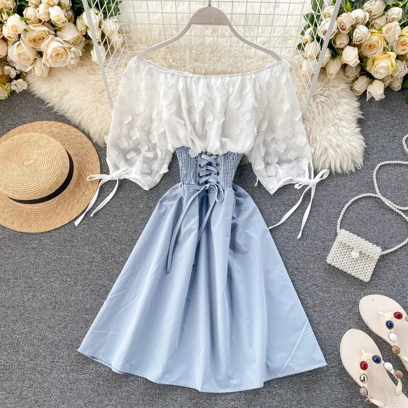 Slash Neck Solid Chiffon Puff Sleeve Flower Party Dress